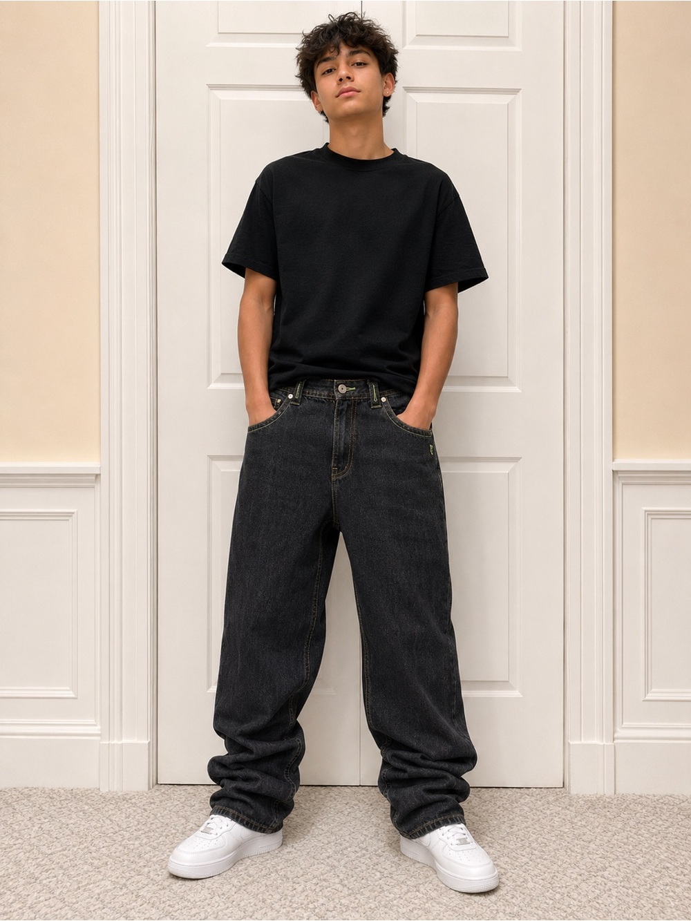 Rocawear Y2K Black Jeans with Neon Green Stitching & White Back Logo